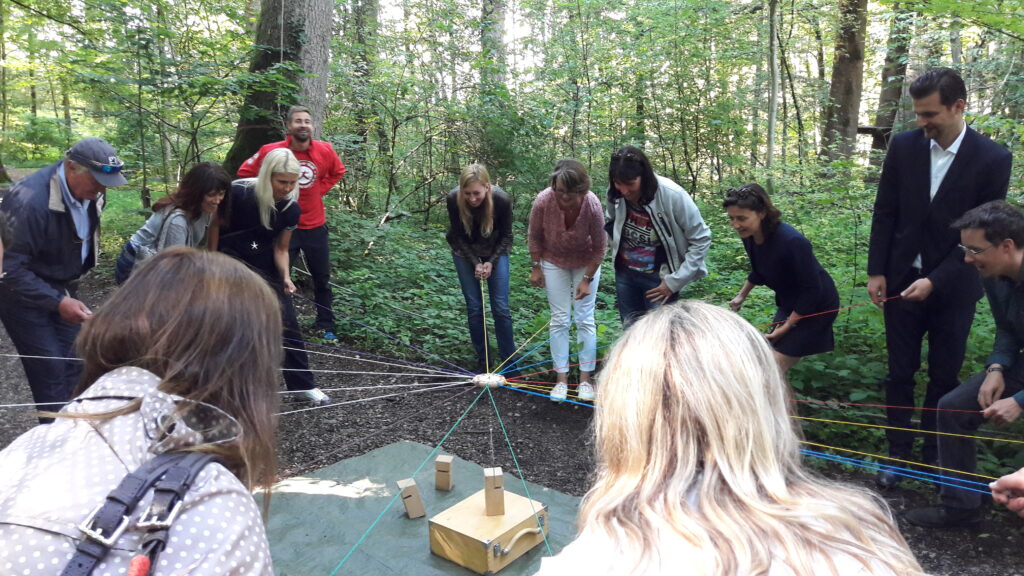 Gruppe von Menschen steht im Wald im Kreis und arbeitet gemeinsam mit gespannten Seilen an einer Aufgabe in der Mitte.