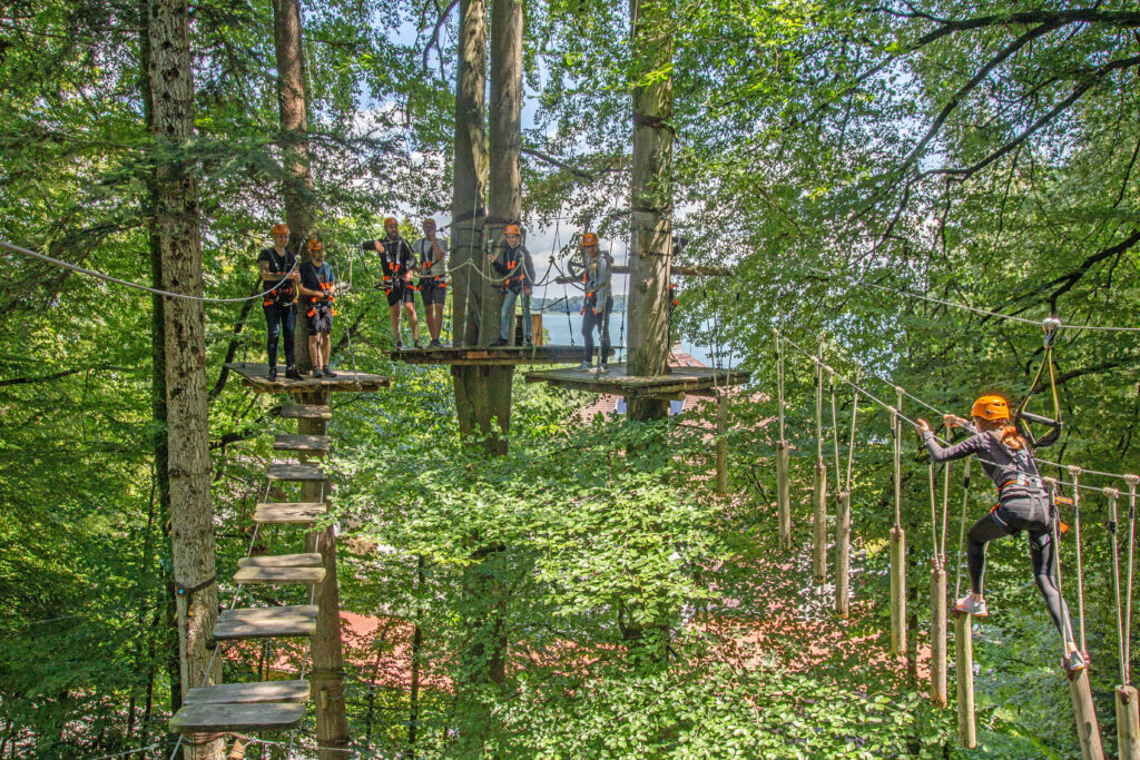 Sieben Personen klettern einen Parcours im Kletterwald und haben viel Spaß. Gut zu erkennen ist der Kletterwald Prien am Chiemsee und auch der Chiemsee ist im Hintergrund zu erkennen.
