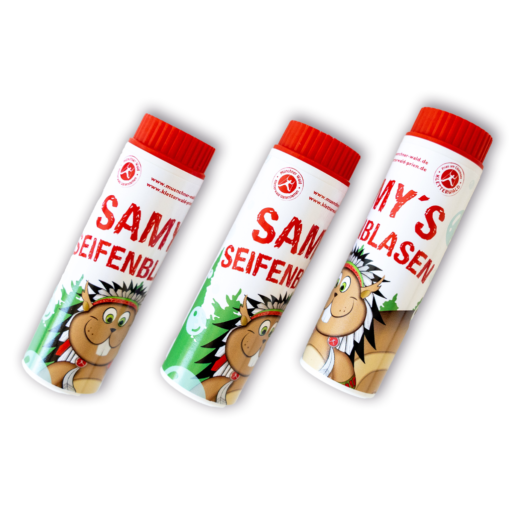 Drei Seifenbläsen Behälter in weiß mit rotem Deckel, als Merchandise Artikel.