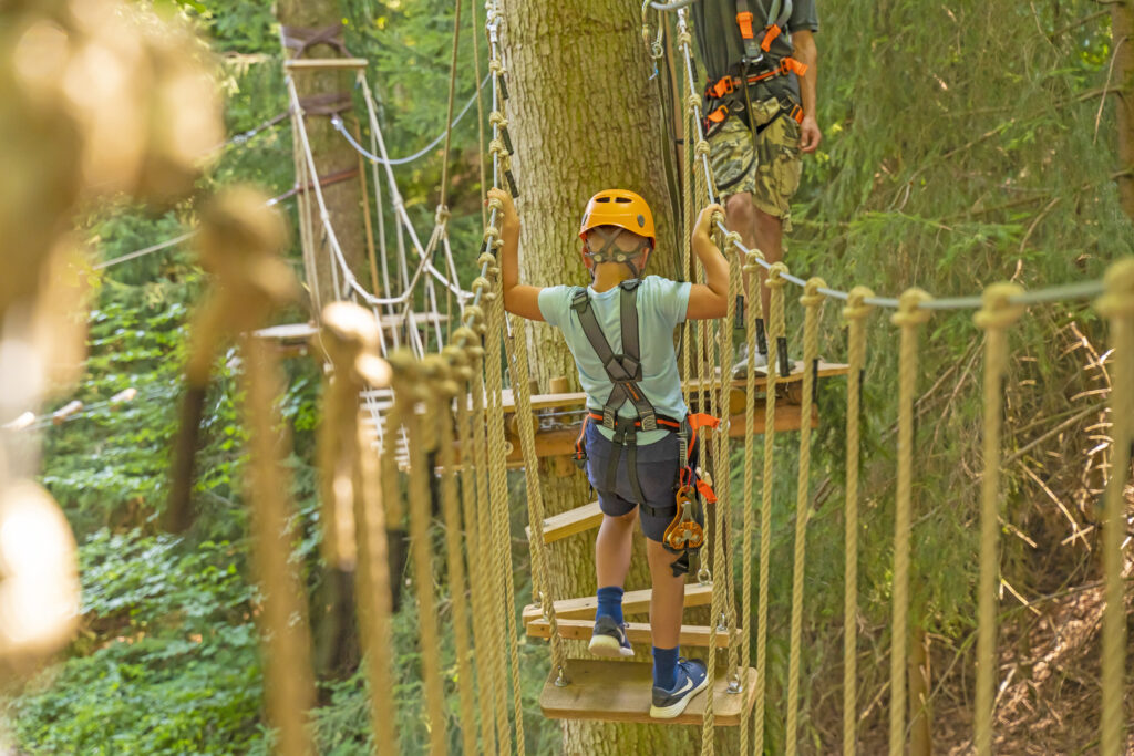 Ein Junge, der von hinten fotografiert wurde, klettert durch einen Kletterwald Parcours.